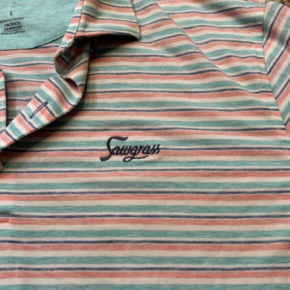 Johnnie O Performance Polo Shirt Pink/Green Large Stripes TPC Sawgrass Logo - Picture 4 of 7